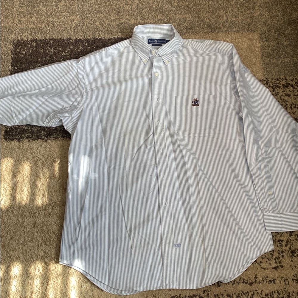 Button down striped white and light blue Polo shirt. Size Large.